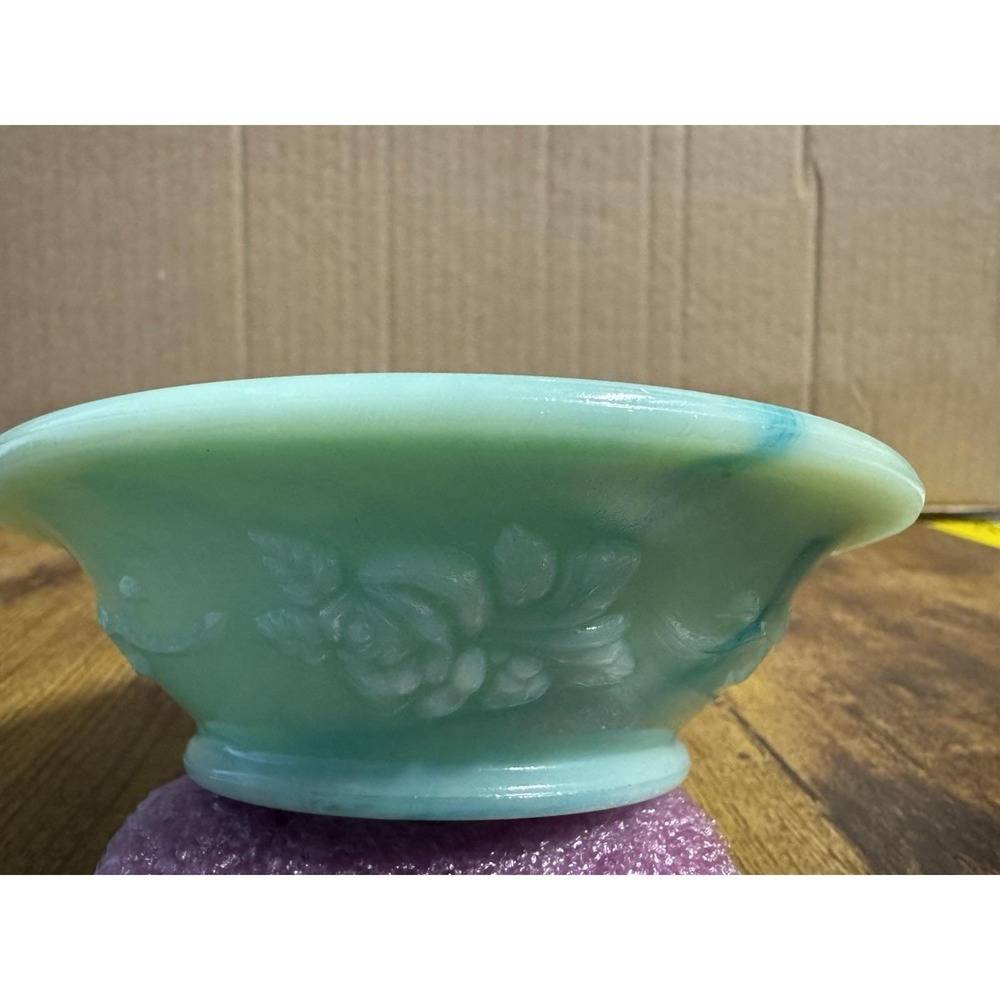 Vintage 70's Avon Aqua Milk Glass Vanity Bowl Floral Trinket Tray Jewelry Dish - Picture 2 of 14